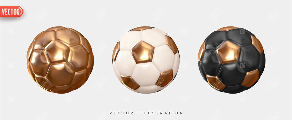 توپ فوتبال: طراحی سه‌بعدی واقع‌گرایانه مجموعه توپ‌های فوتبال. بافت چرمی به رنگ طلایی و سفید. موکاپ عناصر ورزشی در پس‌زمینه سفید. تصویرسازی وکتور