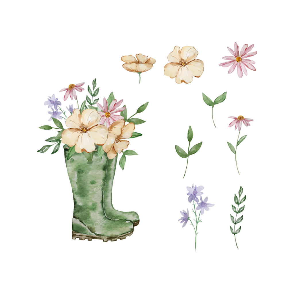 چکمه‌ی بارانی آبرنگی با طرح گل‌های باغچه