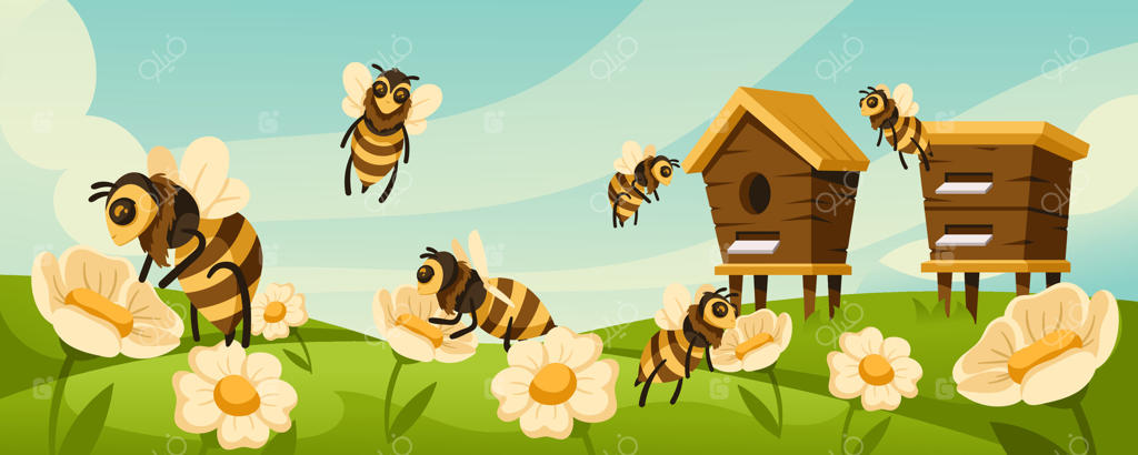زنبورستان کارتونی: زنبورهای عسل در حال پرواز دور کندوها و گل‌های شکوفا در تصویر مرتع گل‌کاری شده
