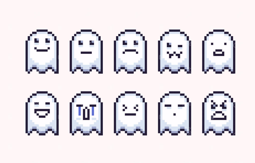 مجموعه هنر پیکسلی لبخندهای روح. مجموعه ایموجی پولترگایست. حالت‌های بامزه هالووین.