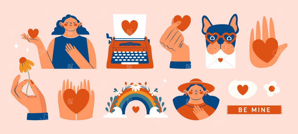 کلیپ‌آرت‌های خلاقانه روز ولنتاین: دختری با قلب، دستی با گل، و بولداگ فرانسوی
