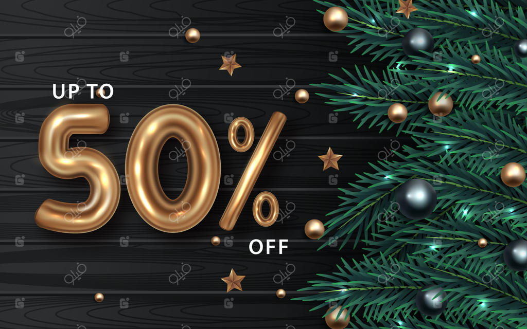 بنر فروش ویژه کریسمس: شاخه‌های درخت کاج واقعی با توت‌ها و گوی‌ها.