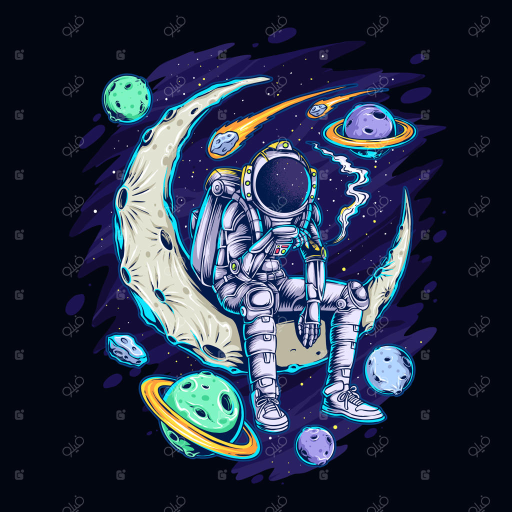 فضانوردی که روی ماه نشسته و در حال سیگار کشیدن است