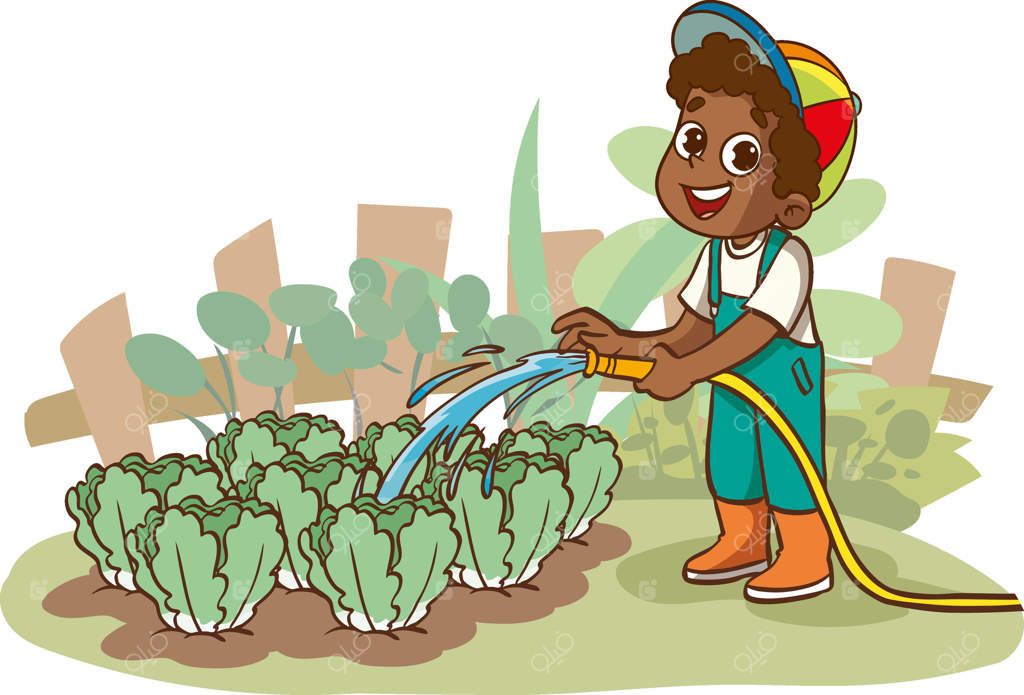 تصویر کودکی که در باغچه گیاهانش را آب می‌دهد