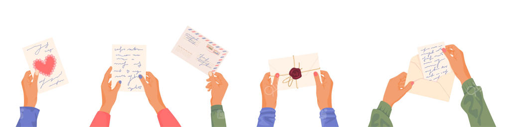 مجموعه آیکون‌های نامه‌های عاشقانه در دستان - پاکت‌ها و نامه‌ها در دستان زنان و مردان، تصویرسازی وکتور
