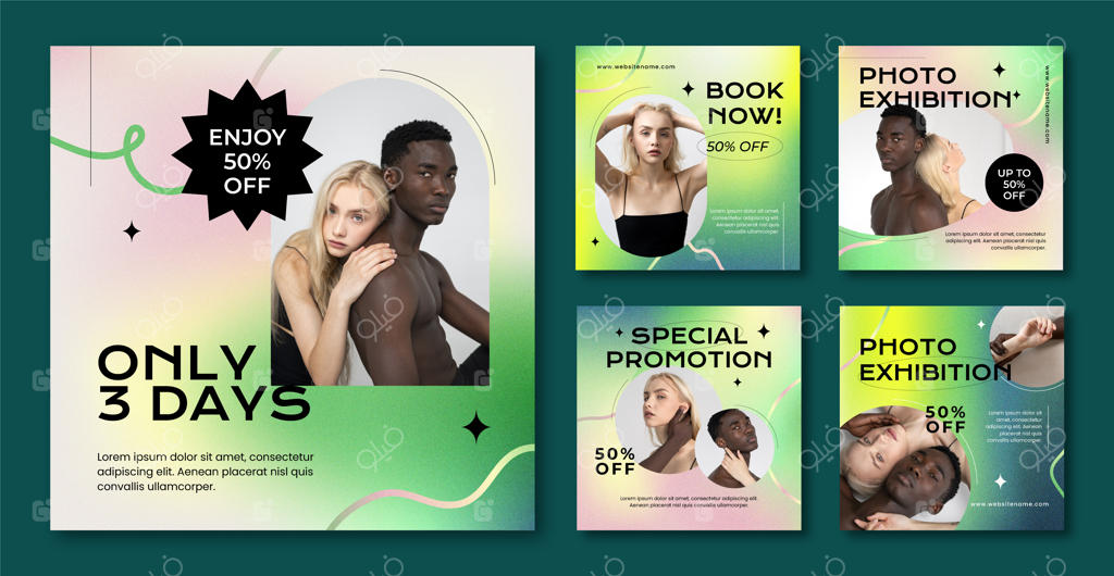 مجموعه پست‌های اینستاگرام با گرادیانت مسطح و دانه‌دار