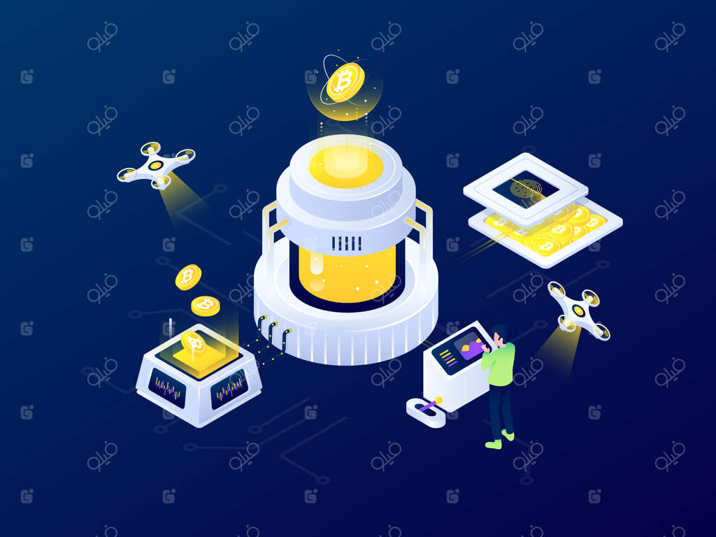 طراحی ایزومتریک آینده‌نگر: ارزهای دیجیتال، بلاکچین و استخراج بیت‌کوین