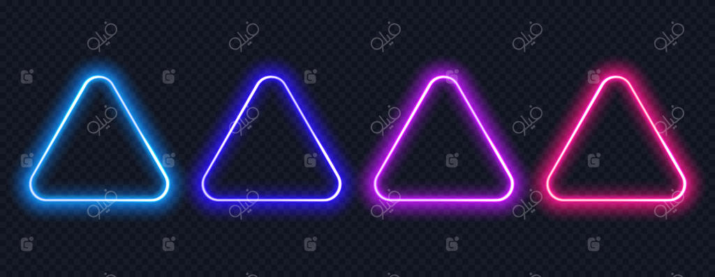 مجموعه دکمه های مثلثی نئونی. حاشیه رنگارنگ و درخشان با فضای متنی. قاب نئونی واقعی و مجزا