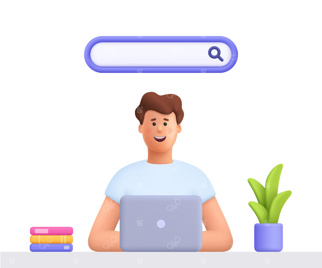 مردی در حال کار با لپ‌تاپ همراه با قابلیت جستجو - تصویر برداری حرفه‌ای