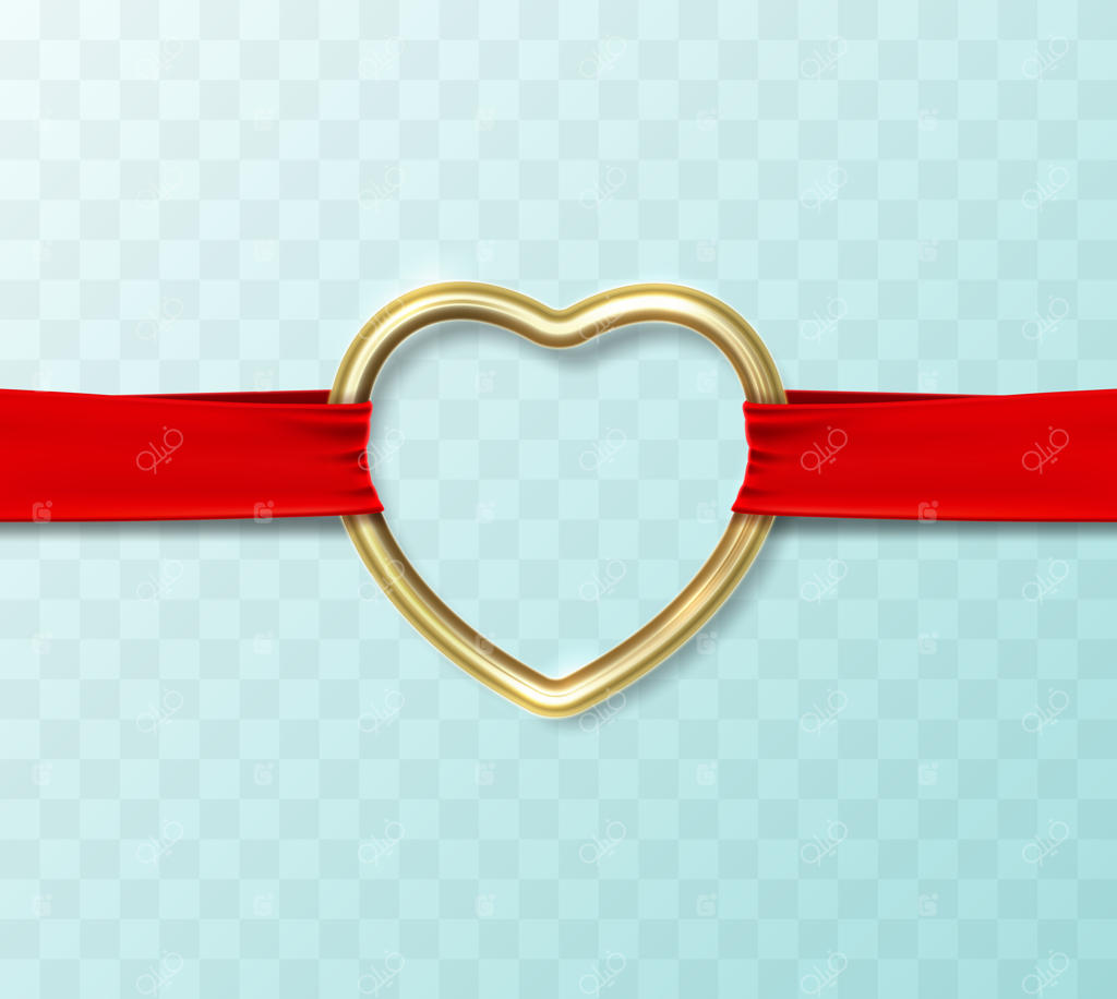 قلب طلایی آویزان از روبان ابریشمی قرمز.
