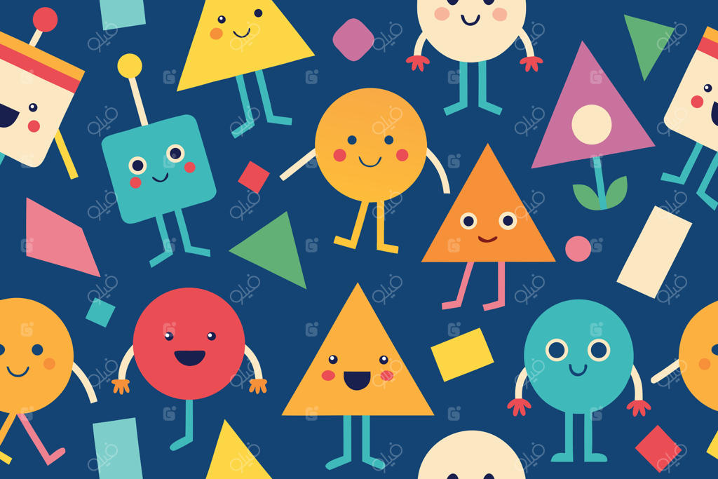 الگوی بدون درز اشکال هندسی صورت‌دار بامزه و بازیگوش در پس‌زمینه آبی