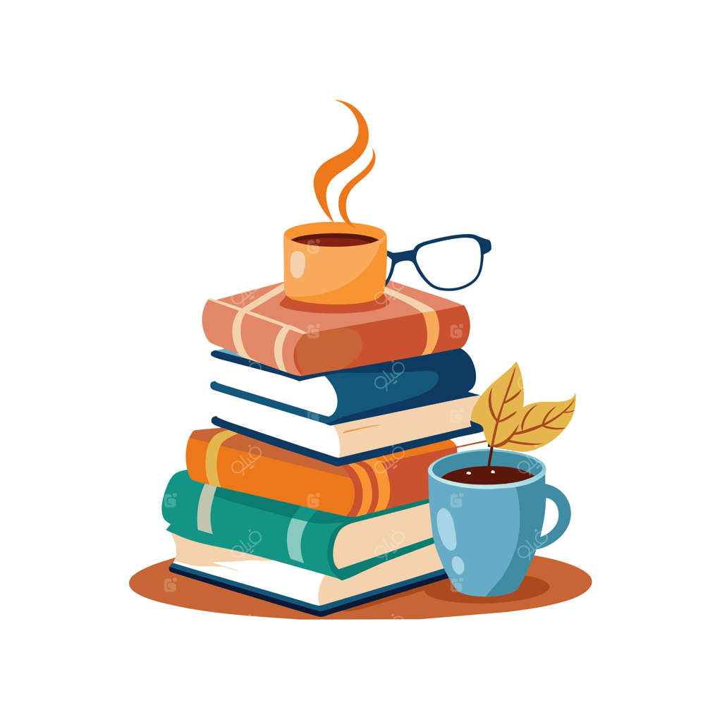 یک فنجان قهوه در کنار یک توده از کتاب‌ها