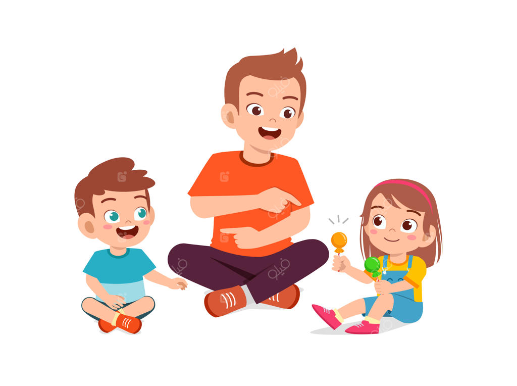 پدر خوشحال به پسر و دخترش آب‌نبات و شیرینی می‌دهد