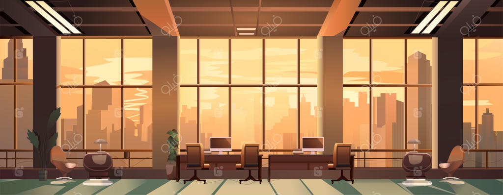 نمای پانورامای داخلی دفتر خانگی مدرن با مبلمان برای کار گروهی یا فریلنسری در فضای باز