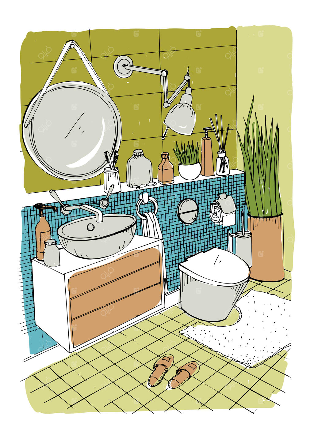 طراحی داخلی مدرن حمام با نقاشی دستی.