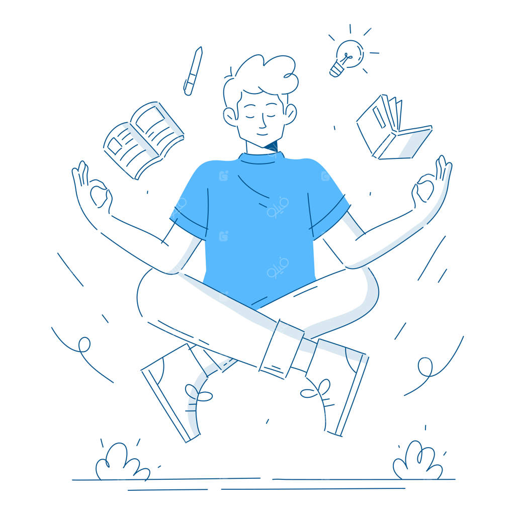 مردی در حالت مدیتیشن با ایده کتاب پرنده و قلم