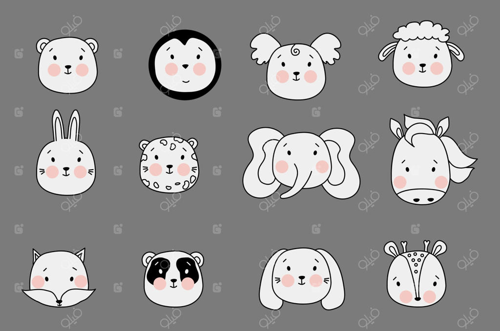 مجموعه بزرگ پرتره‌های ساده و بامزه حیوانات شامل گوسفند، خرس، کوالا، یوزپلنگ، فیل، اسب، روباه، پاندا، گوزن، خرگوش، سگ و پنگوئن؛ مناسب برای دکوراسیون اتاق کودک و منسوجات، فایل وکتور