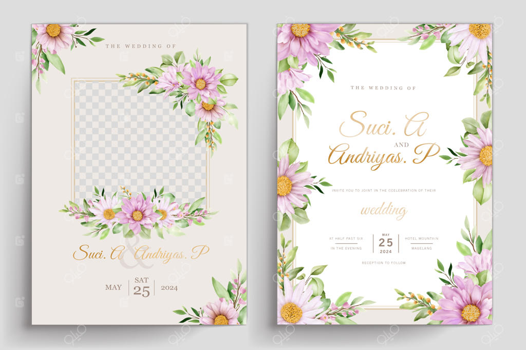 ست کارت دعوت عروسی با طرح گل داوودی آبرنگی