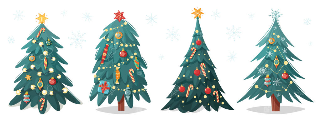 درخت‌های کریسمس تزیین شده: مجموعه‌ای از درخت‌های کریسمس به سبک کارتونی و تخت.