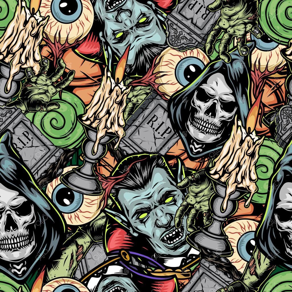 الگوی یکپارچه عناصر هالووین قدیمی با چشم‌های انسان و سنگ قبرها