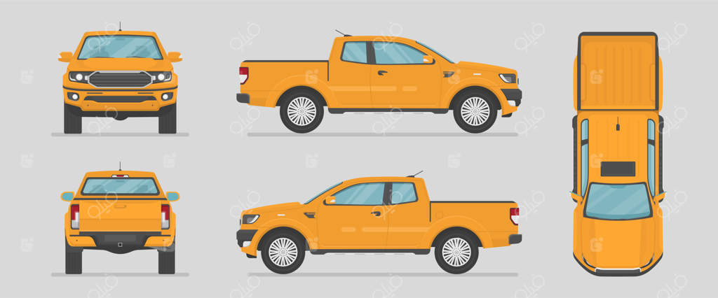 وانت باربری: ماشین زرد از زوایای مختلف - خودروی کارتونی به سبک تخت