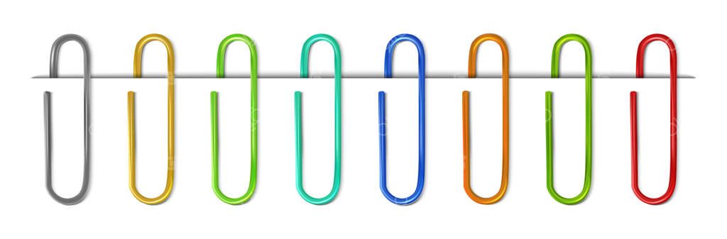 مجموعه‌ای واقع‌گرایانه و رنگارنگ از گیره‌های کاغذ همراه با برگه کاغذ