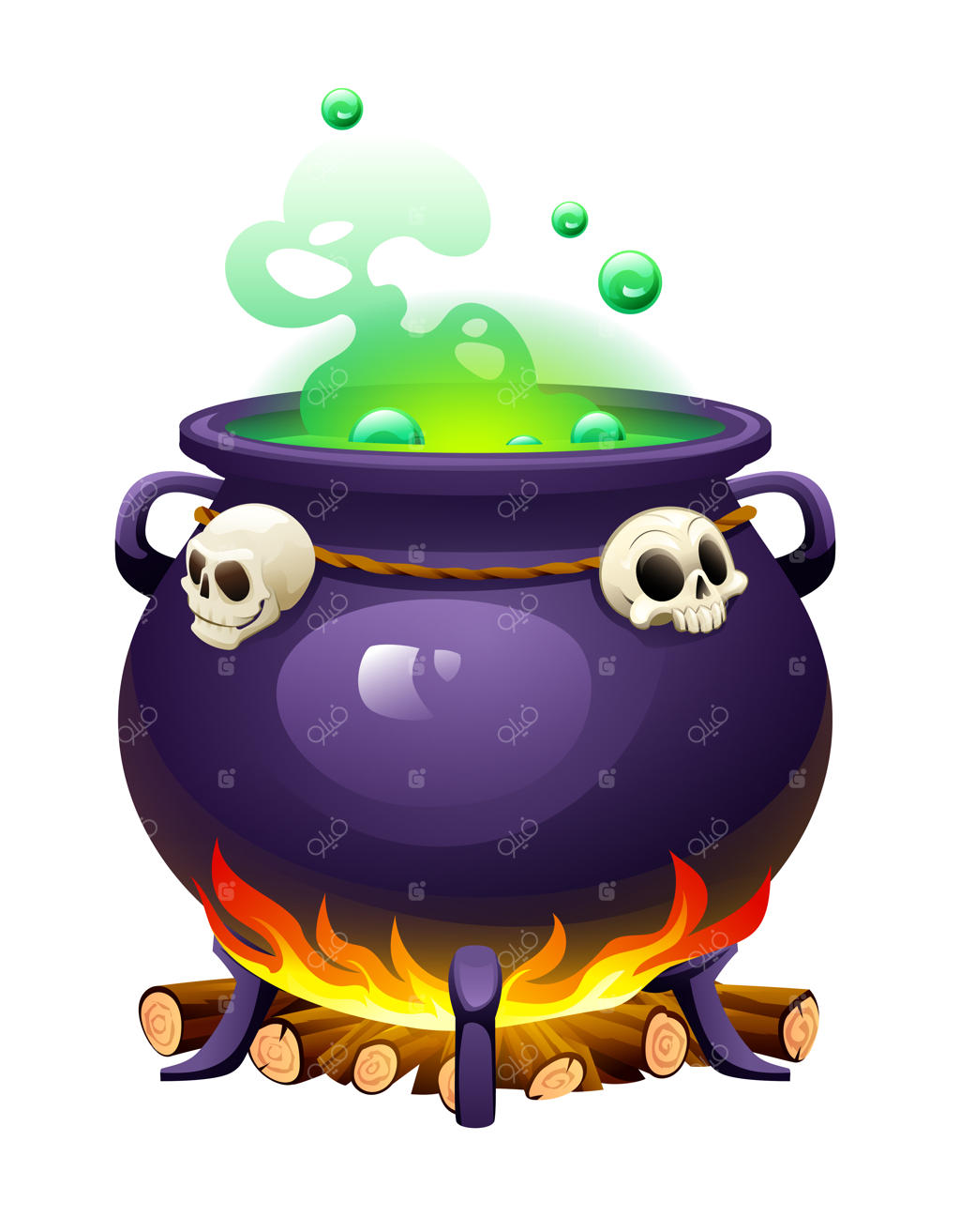 تصویرسازی کارتونی وکتور دیگ جادوگر با جمجمه و معجون سبز جوشان روی آتش