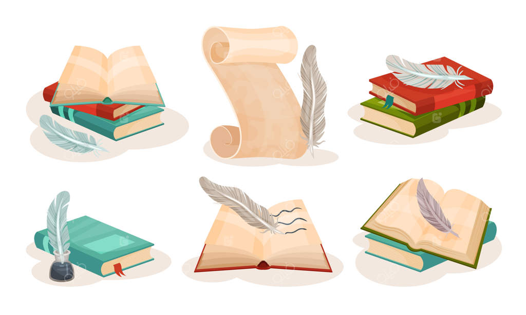 طومارهای کاغذی باستانی، کتاب‌ها و قلم‌های پر: نمادهای نگارش و علم قدیمی - تصویرسازی برداری بر روی پس‌زمینه سفید