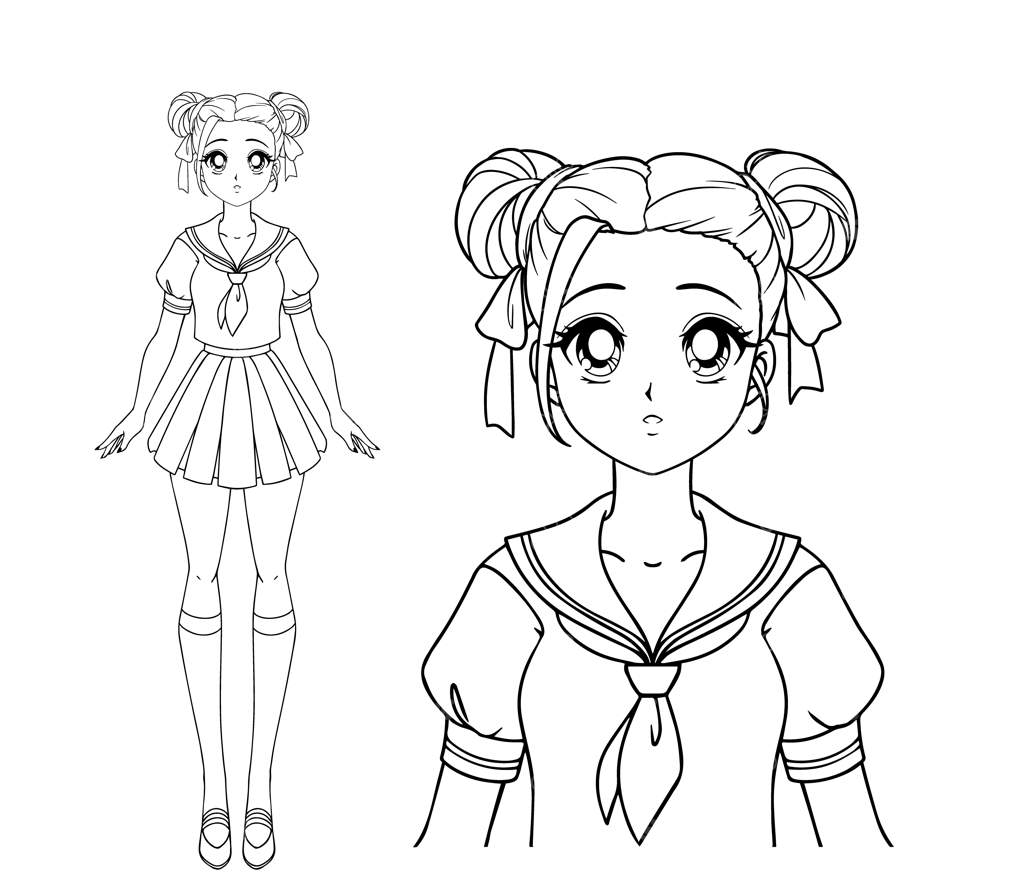 دختر ترسیده مانگا با دو گیسو و لباس مدرسه ژاپنی.