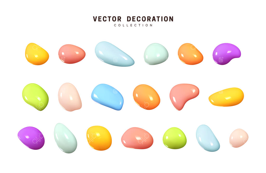 اشکال سه‌بعدی مایع با گرادینت رنگی؛ مجموعه‌ای از عناصر مایع با طرح پالت آفتاب‌پرست. پاشش سیال رنگارنگ و انتزاعی. تصویر وکتور