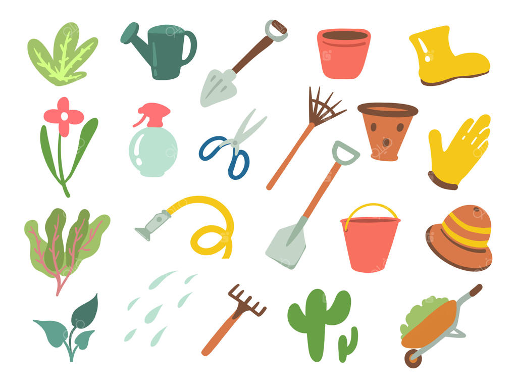 مجموعه‌ای از ابزارهای باغبانی: سمپاش، بذرها، چکمه‌ها، جعبه، پیش‌بند، چنگک و بیشتر. تصویرسازی