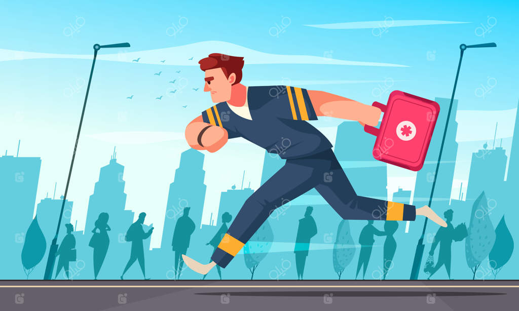 پوستر کارتونی اضطراری با تصویر وکتور متخصص اورژانس در حال دویدن