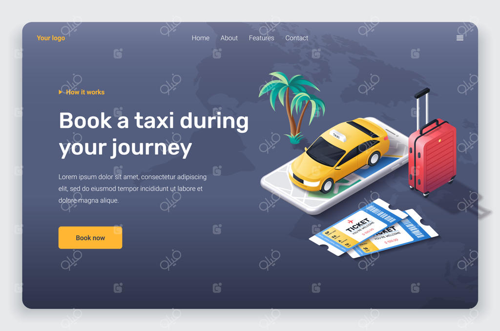 قالب صفحه اصلی: گوشی ایزومتریک با ماشین تاکسی زرد، چمدان قرمز و بلیط‌ها