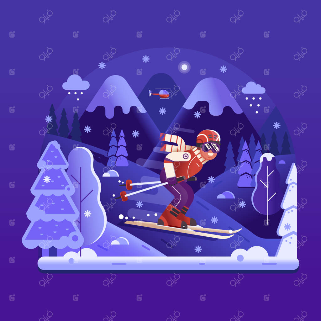 طرح مفهومی مسابقه اسکی آزاد با ورزشکار در حرکت. اسکی‌باز اسلالوم در حال حرکت از شیب کوهستان برفی. مرد جوانی در حال اسکی در میان جنگل پوشیده از برف. صحنه اسکی در شب.