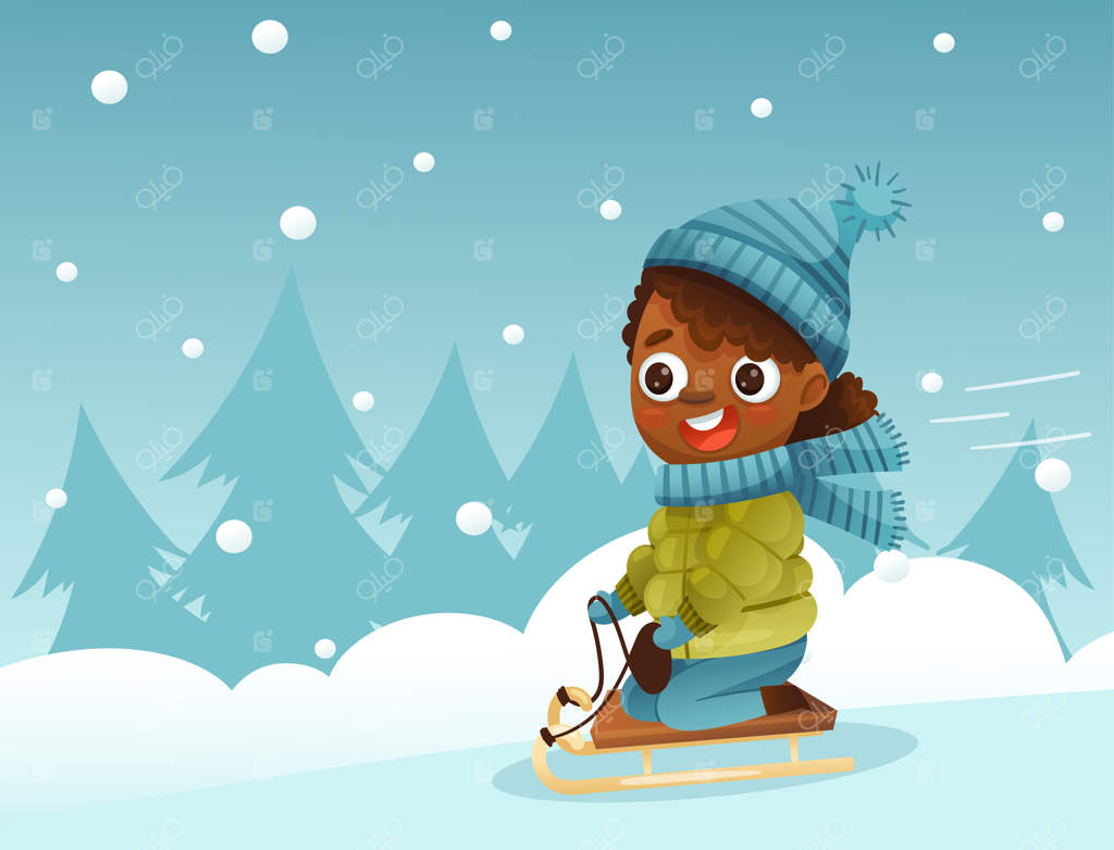 دختری در زمستان با سورتمه سواری می‌کند، در پس‌زمینه برف و درختان کاج. تصویر برداری برای طراحی‌ها