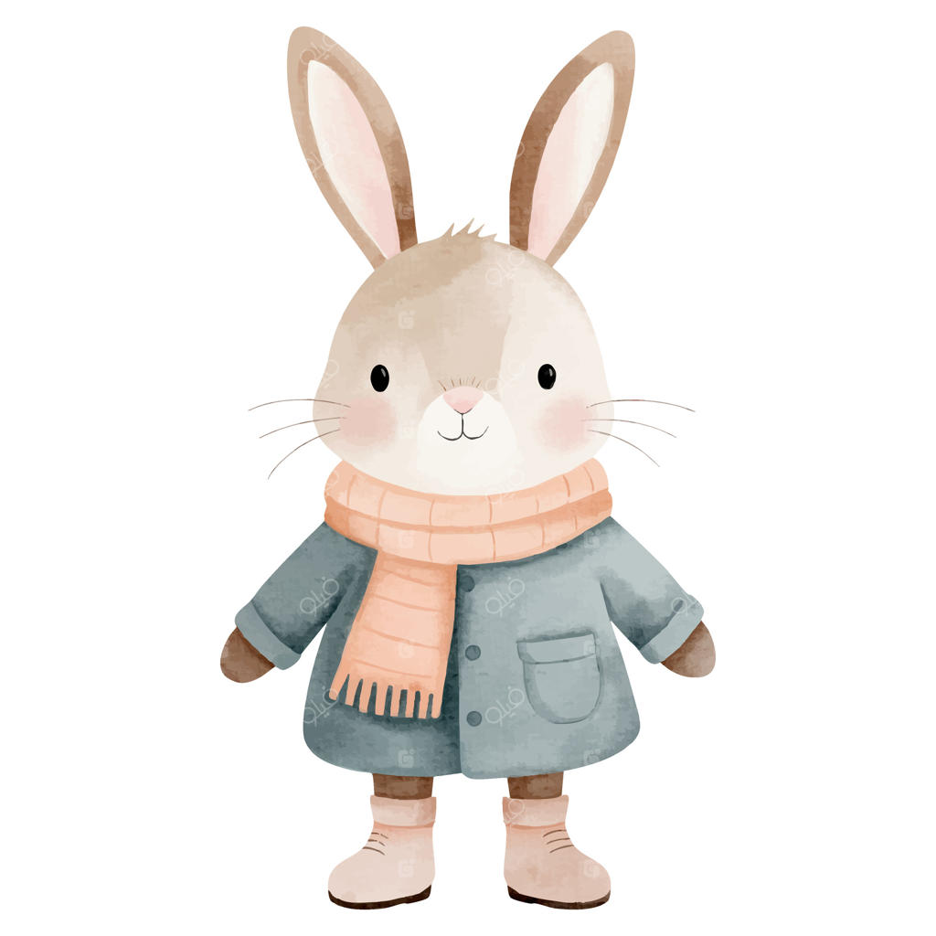 خرگوش آبرنگی با لباس‌های گرم زمستانی: تصویر رنگ‌آمیزی شده دستی بر روی زمینه سفید