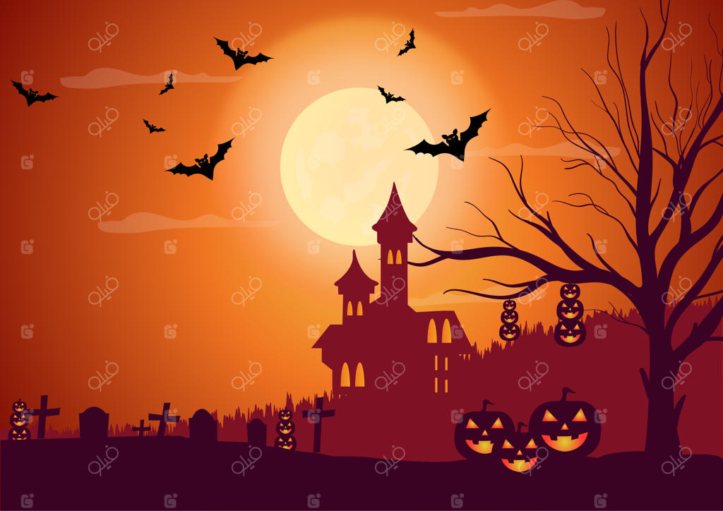 پس‌زمینه هالووین با عمارت و قلعه تاریک در شب همراه با شخصیت‌ها