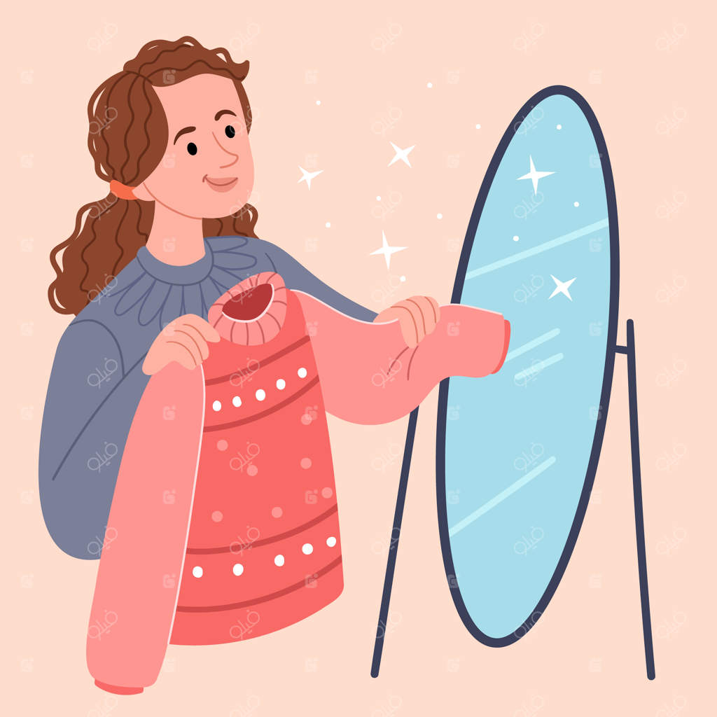 دختر لباس گرم و راحت را امتحان می‌کند انتخاب لباس‌ها از کمد