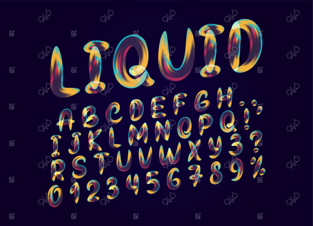 حروف رنگارنگ شناور: فونت الفبای مایع در حال ذوب. طراحی سه‌بعدی نشانه‌ها روی پس‌زمینه سیاه.