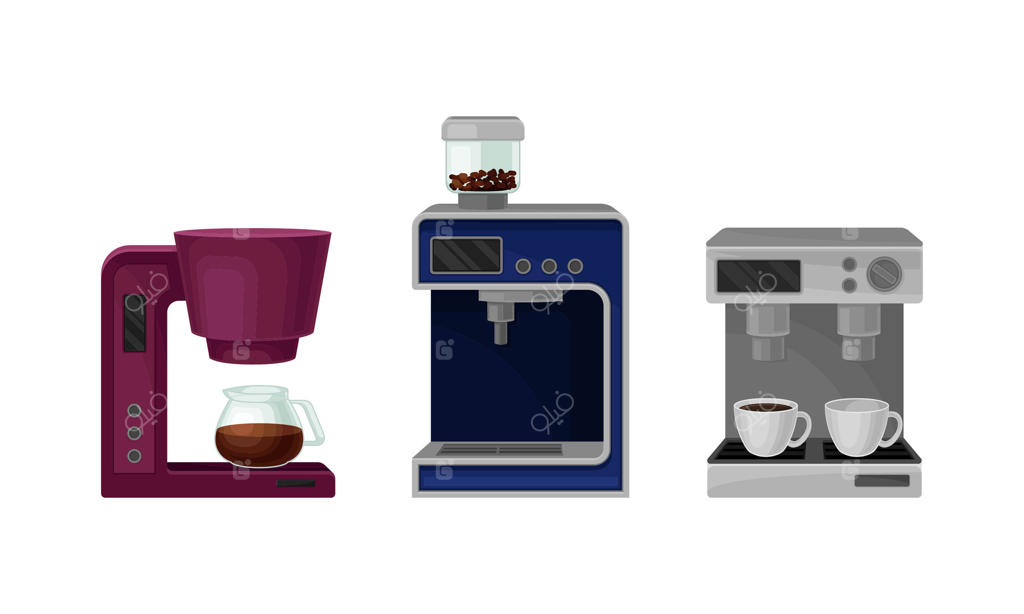 مجموعه‌ای از تجهیزات تهیه قهوه: تصویر وسایل آشپزخانه شامل قهوه‌ساز و ماشین قهوه
