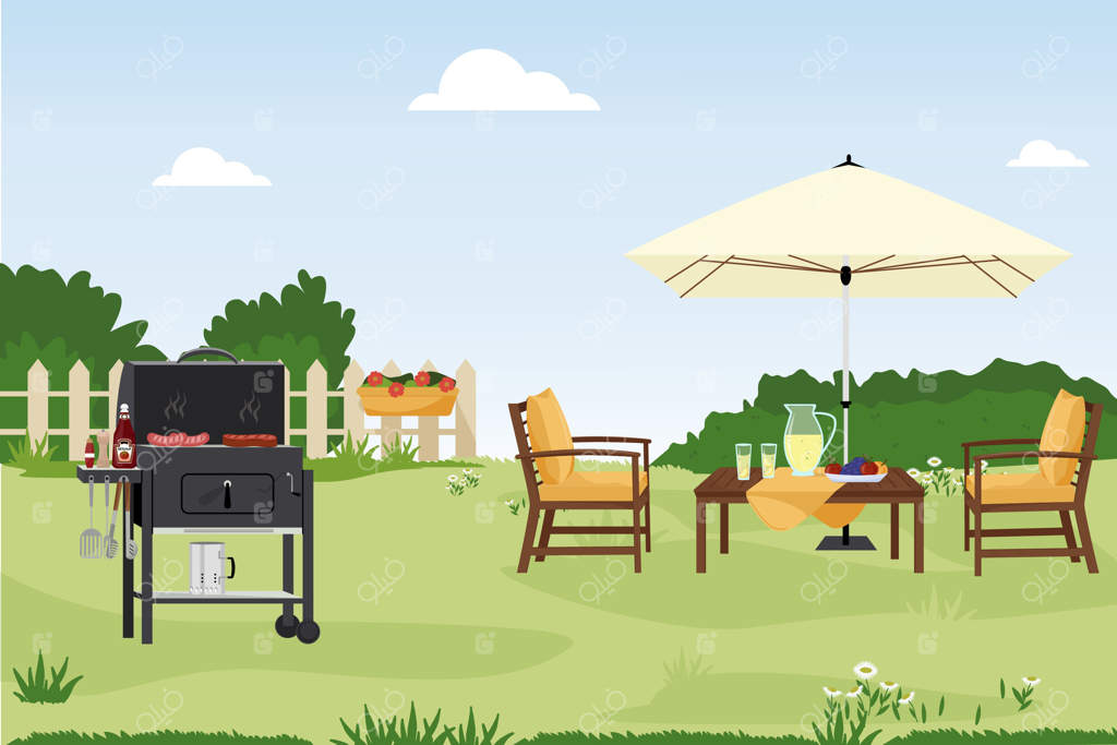 تصویرسازی ساده از حیاط خانه. فضای سبز پشت خانه با چمنزار و درختان و بوته‌ها. مبلمان مدرن باغی شامل میز و صندلی. حیاط مجهز برای مهمانی‌های تابستانی و کباب کردن.