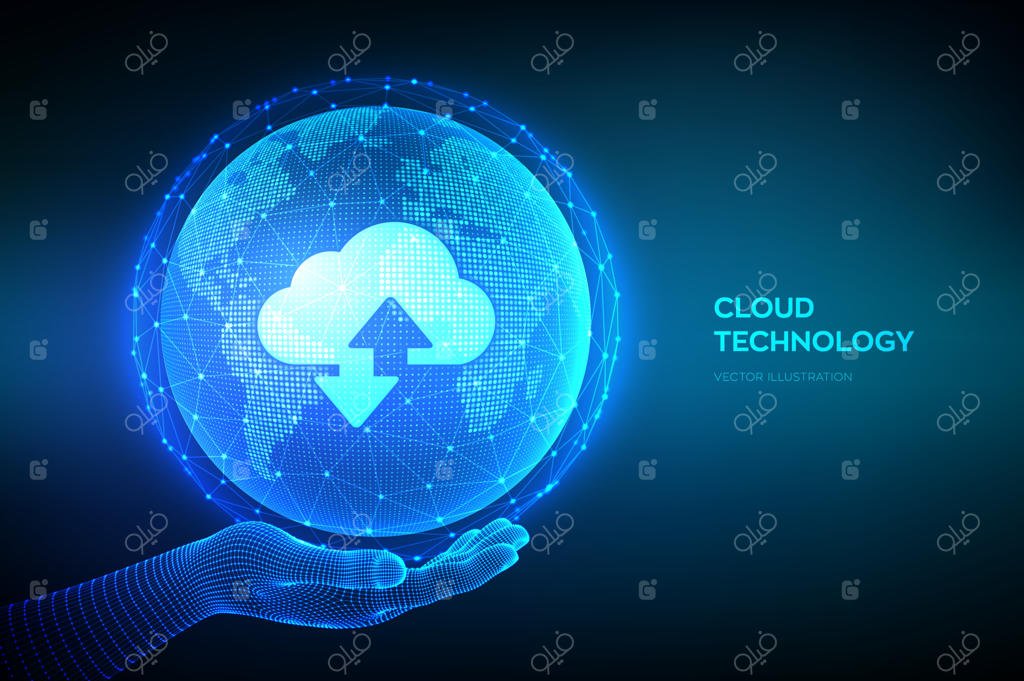 مفهوم انتزاعی فناوری داده‌های ابری: نماد ذخیره‌سازی ابری با دو فلش جهت‌دار روی نقشه جهانی - سرویس پردازش ابری با تصویر کره زمین و طراحی مشبک دستی