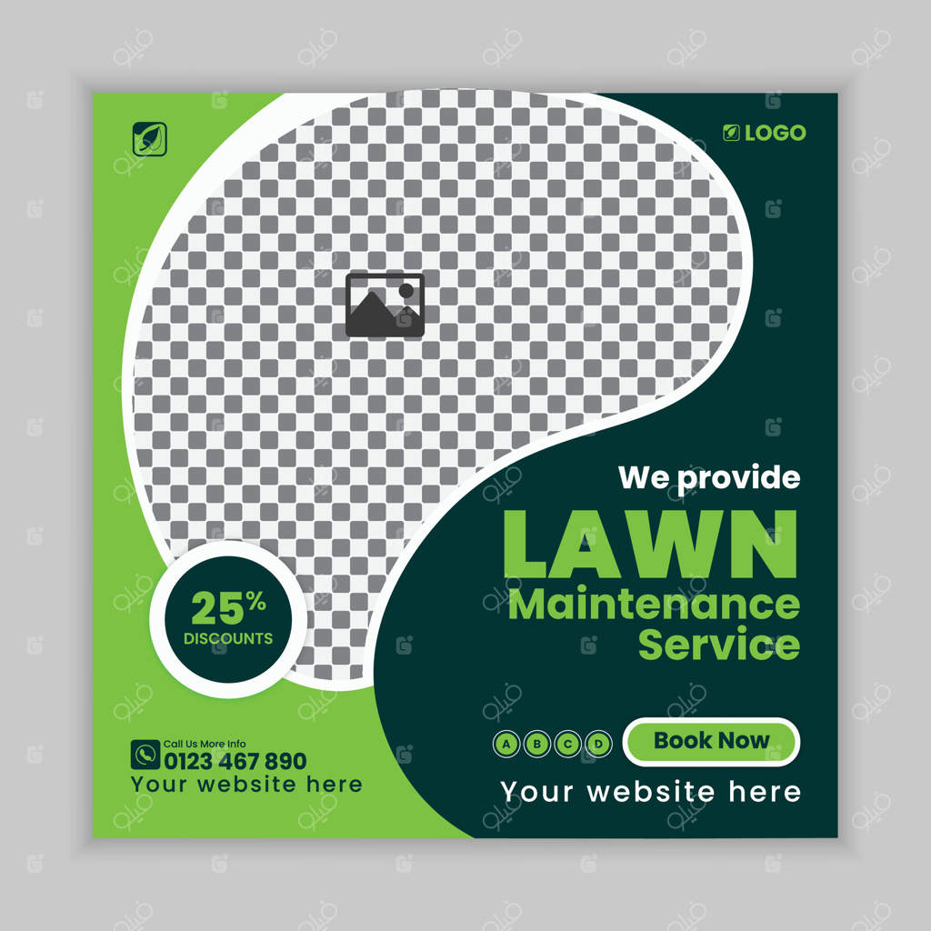 قالب طراحی پست شبکه‌های اجتماعی برای خدمات مراقبت خلاقانه از باغ و چمن، بنر وب برای خدمات چمن‌زنی – مفاهیم کشاورزی و خدمات آنلاین باغبانی