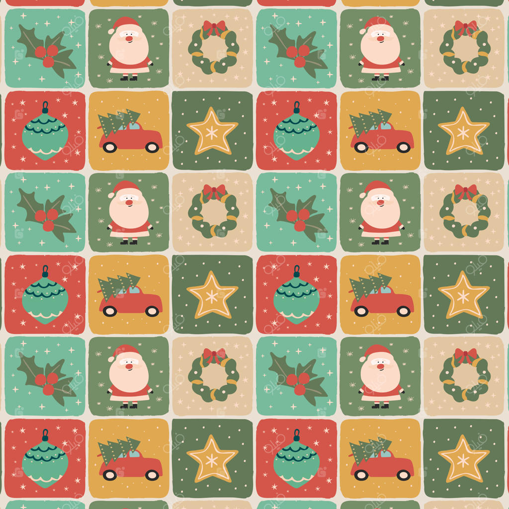 پترن یکپارچه کریسمس با بابانوئل، درخت، تزئینات و گیاه هالی برای پس‌زمینه‌ی تعطیلات.