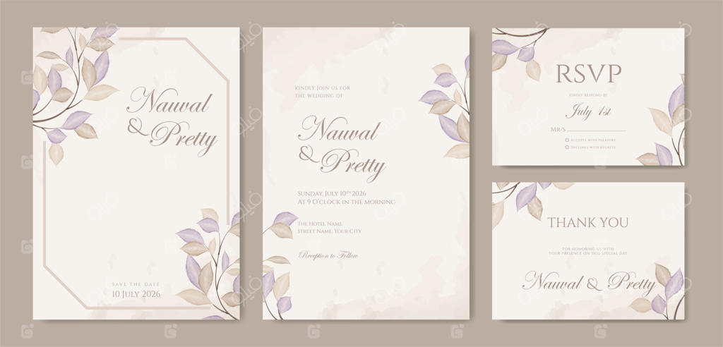 کارت دعوت عروسی دو طرفه با طرح گل‌های آبرنگی - وکتور با کیفیت بالا