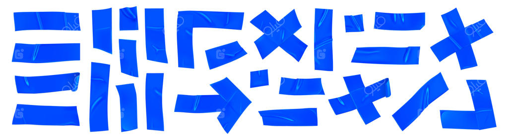 نوار چسب تعمیر آبی مجموعه‌ای مجزا در پس‌زمینه سفید. تکه‌های واقعی نوار چسب آبی برای تعمیر. چسب نواری به شکل فلش، ضربدر، گوشه و چسبیده به کاغذ. تصویرسازی واقعی سه‌بعدی.