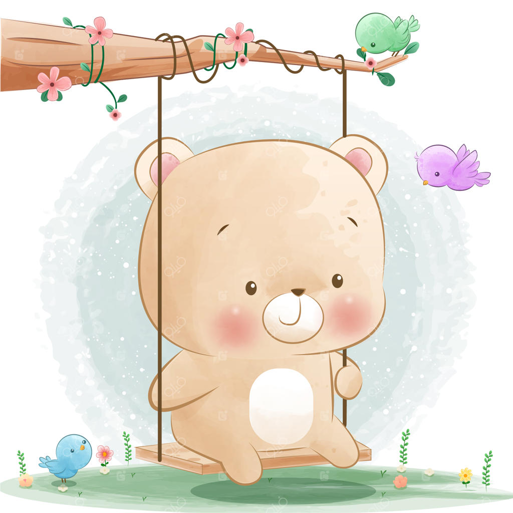 خرس کوچولوی بامزه‌ای که با پرنده‌ها تاب بازی می‌کند