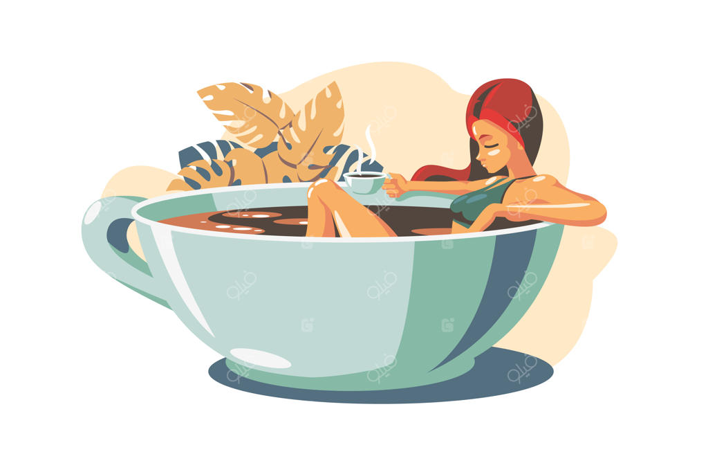 تصویرسازی زن در حال نوشیدن قهوه به سبک تخت