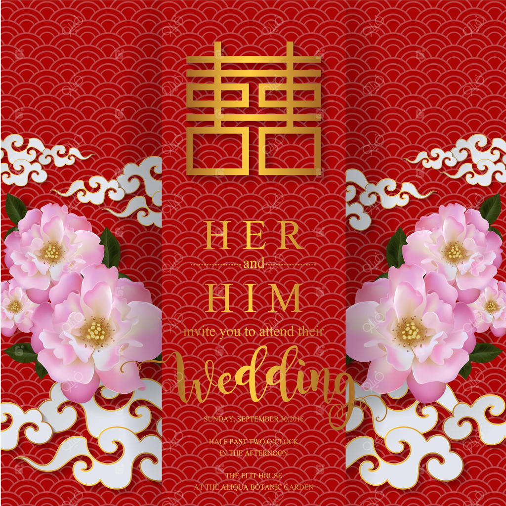 دعوتنامه و کارت منوی عروسی چینی با طرح‌های زیبا بر روی پس‌زمینه‌ای رنگین.