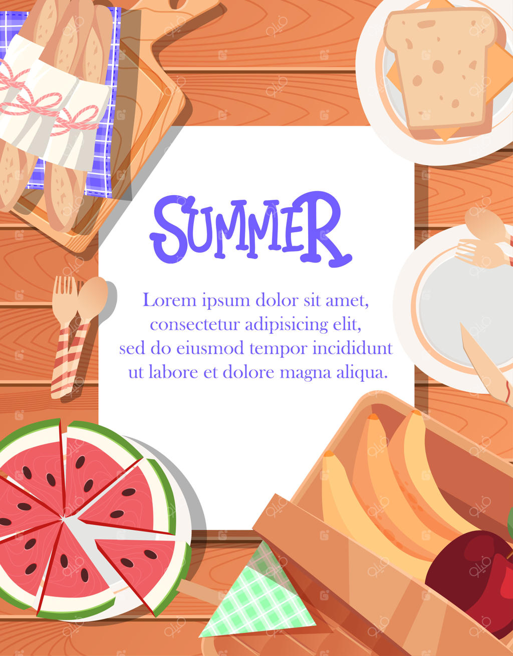 طراحی پوستر تابستانی با پس‌زمینه چوبی